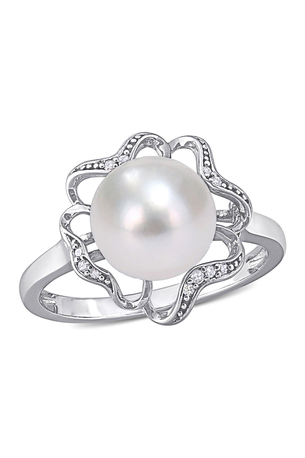 DELMAR Sterling Silver 9-9.5mm Freshwater Pearl & Diamond Accent Trim Flower Ring - 0.04 ctw