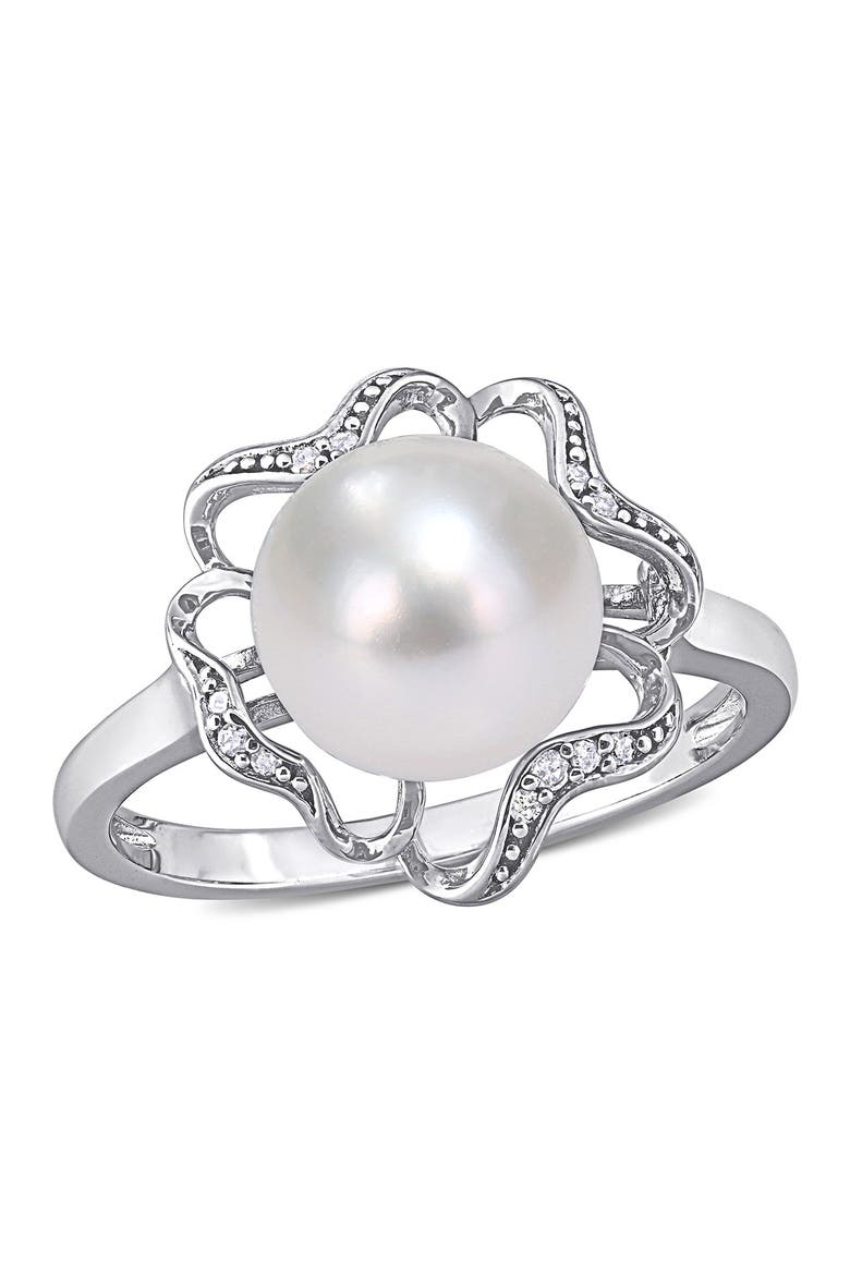 Sterling Silver 9-9.5mm Freshwater Pearl & Diamond Accent Trim Flower Ring - 0.04 ctw, Main, color, WHITE