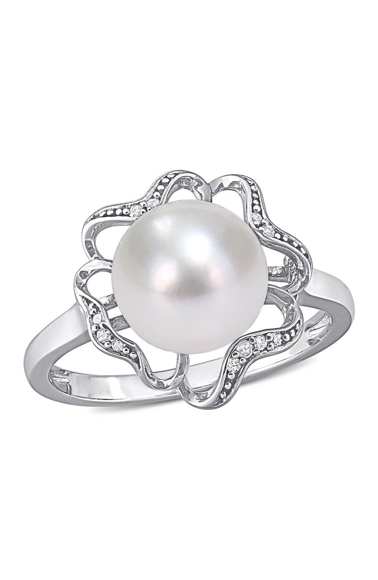 DELMAR Sterling Silver 9-9.5mm Freshwater Pearl & Diamond Accent Trim Flower Ring - 0.04 ctw, Main, color, White