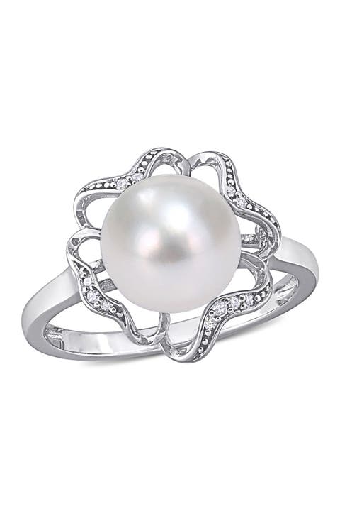 Sterling Silver 9-9.5mm Freshwater Pearl & Diamond Accent Trim Flower Ring - 0.04 ctw