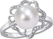 DELMAR Sterling Silver 9-9.5mm Freshwater Pearl & Diamond Accent Trim Flower Ring - 0.04 ctw