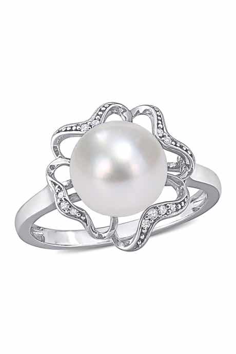 DELMAR Sterling Silver 9-9.5mm Freshwater Pearl & Diamond Accent Trim Flower Ring - 0.04 ctw