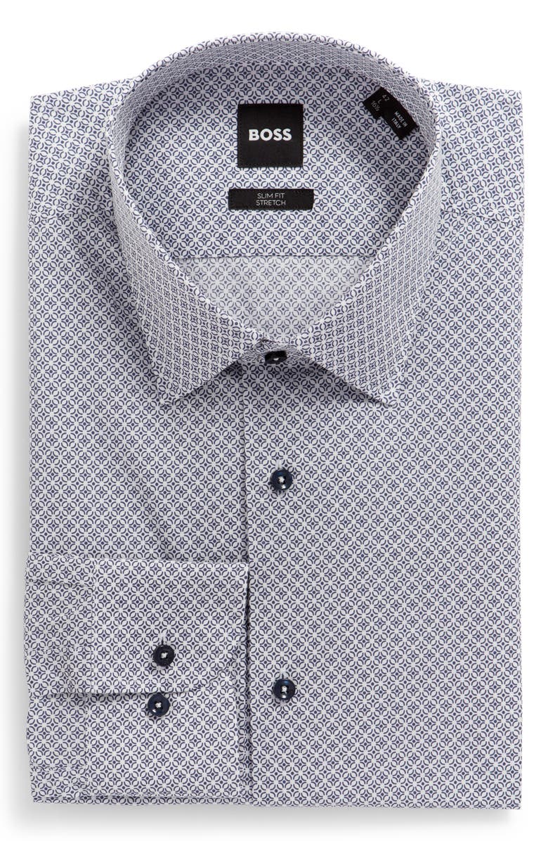 BOSS Men's Hank Slim Fit Geo Print Stretch Cotton Dress Shirt, Main, color, 