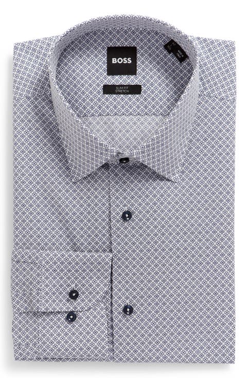 Men's Hank Slim Fit Geo Print Stretch Cotton Dress Shirt (Big)