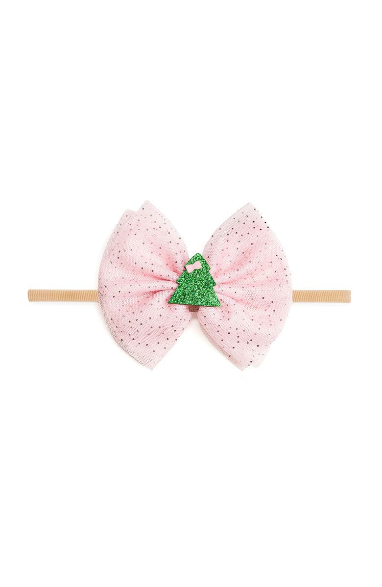 Sweet Wink Christmas Tree Tulle Bow Baby Headband, Main, color, Pink