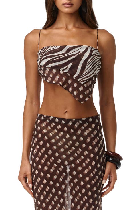 Mixed Print Chiffon Asymmetric Scarf Crop Top