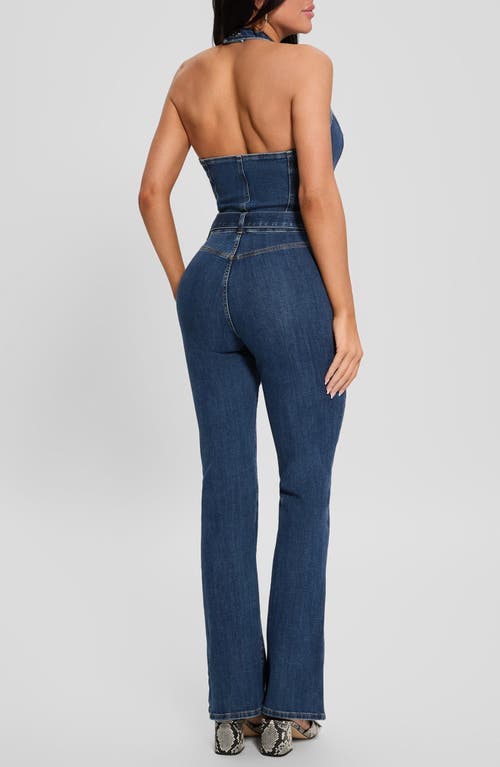 Guess Claire Halter Neck Denim Jumpsuit In William