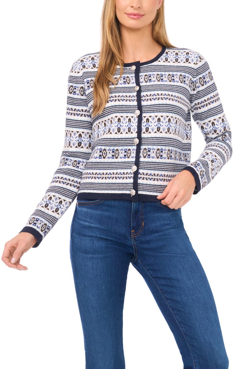 CeCe Fair Isle Stripe Cardigan, Main, color, Heather Navy