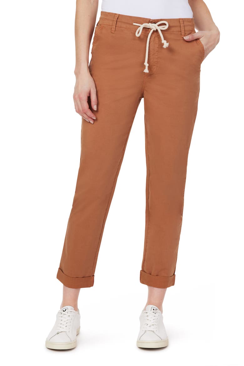 Rolled Hem Drawstring Girlfriend Pants, Main, color, COGNAC