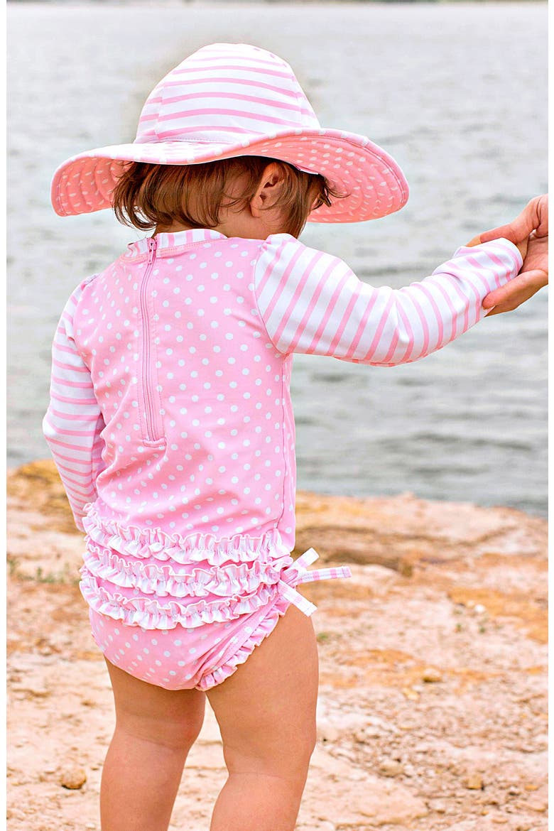Polka Dot One-Piece Rashguard Swimsuit & Sun Hat Set, Alternate, color, PINK