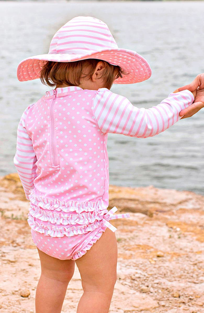 RuffleButts Polka Dot One-Piece Rashguard Swimsuit & Sun Hat Set, Alternate, color, 