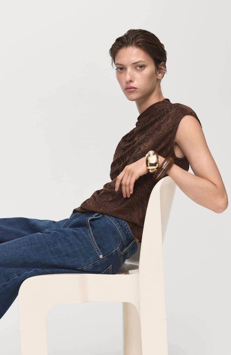 MANGO Floral Jacquard Top, Alternate, color, Brown