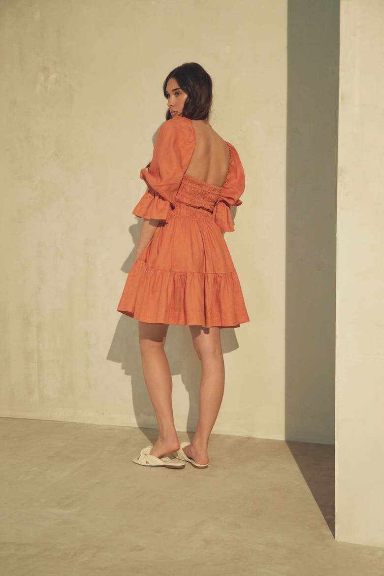 Amelia Ruched Mini Linen Dress in Rust Orange, Alternate, color, Rust Orange