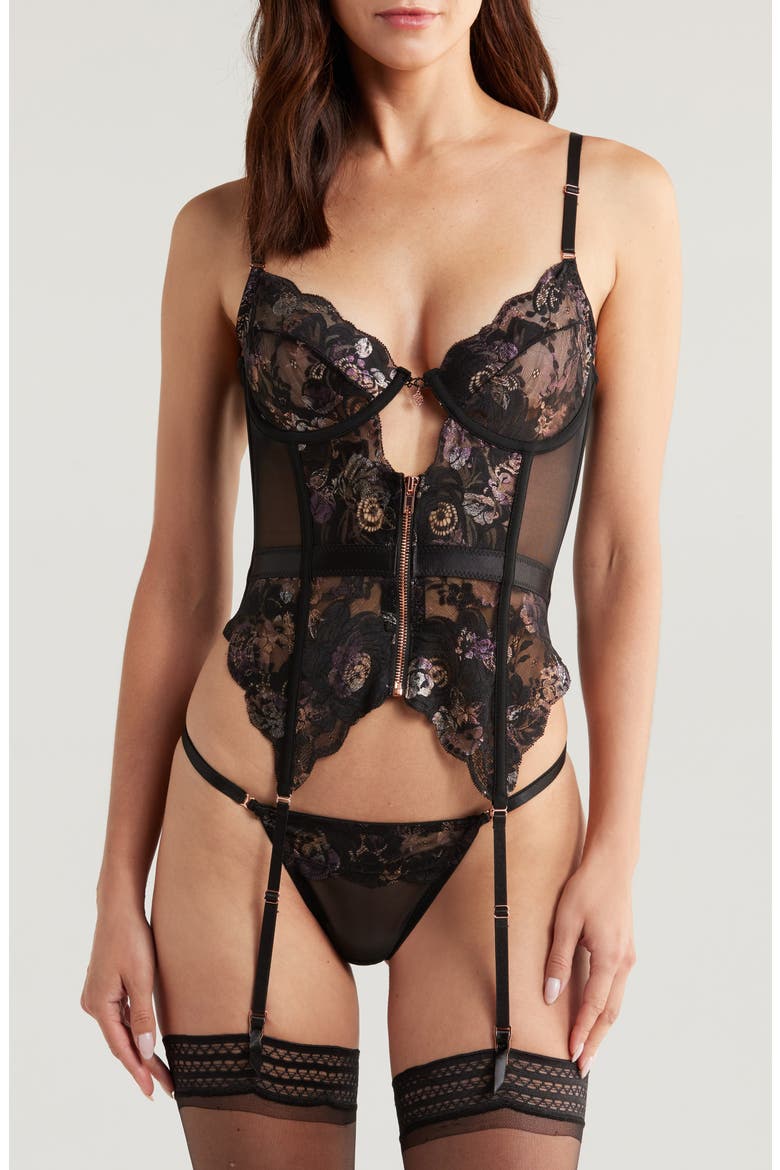 Zip-Up Underwire Bustier & Thong Set, Main, color, BLACK