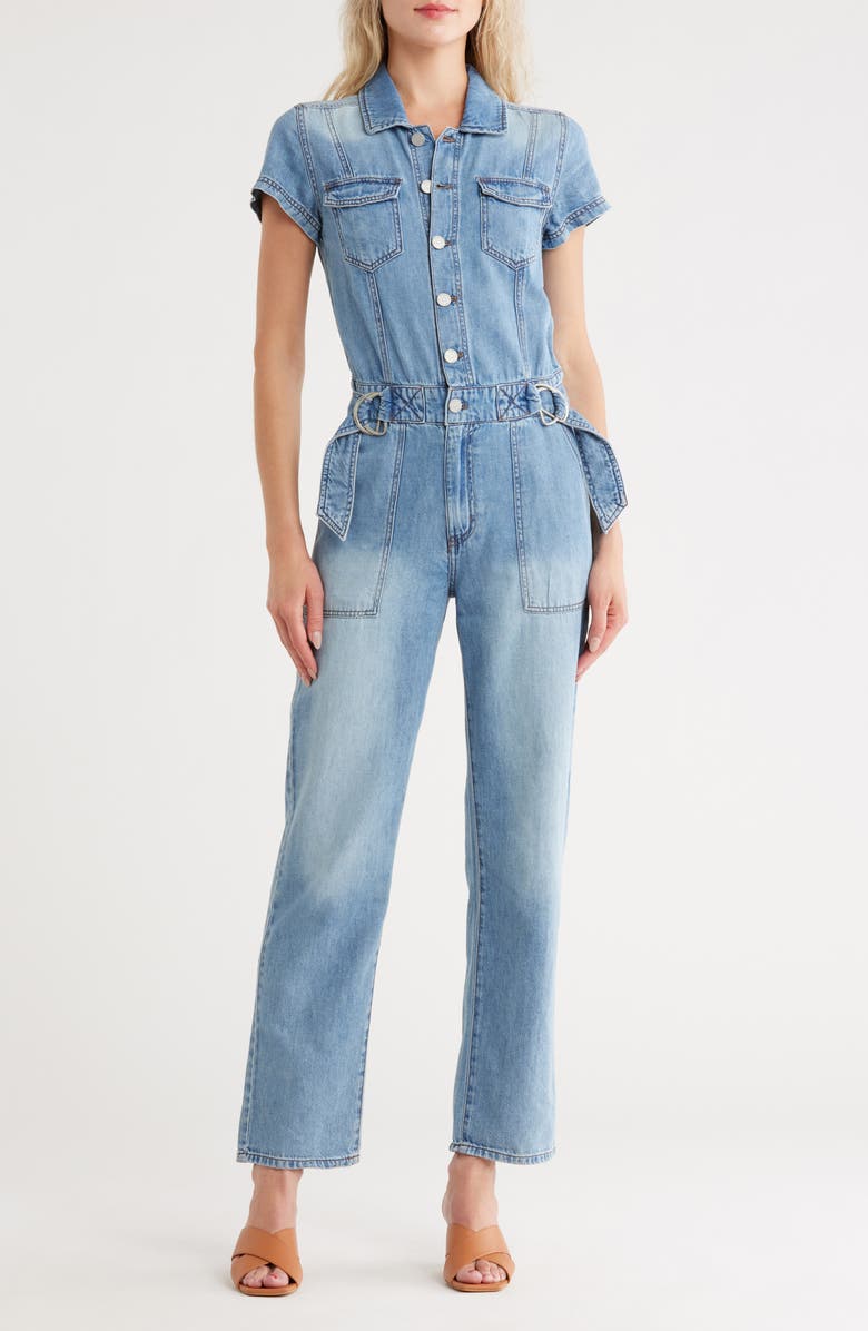 Habitual Short Sleeve Belted Denim Jumpsuit, Main, color, Pacific
