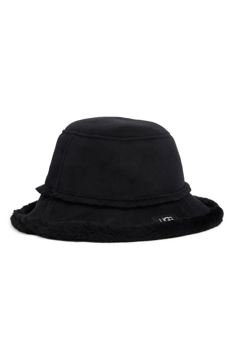UGG<sup>®</sup> Sheepskin Genuine Shearling Trimmed Bucket Hat, Main, color, Black