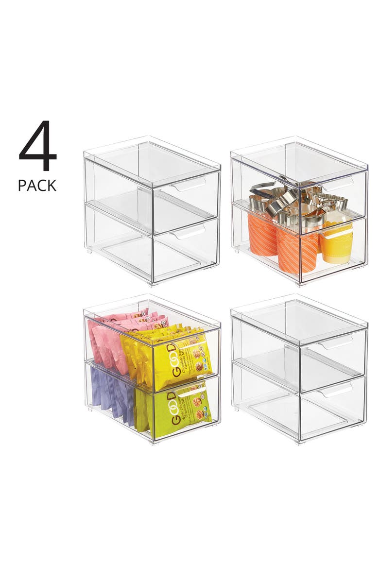 mDesign 2-Drawer Stackable Organizer - Pull-Out Sliding Storage Drawers for Kitchen - Set of 4 - Clear, Alternate, color, Clear