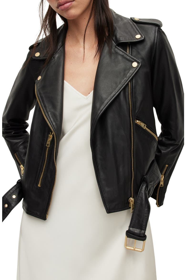 Balfern Sheepskin Leather Biker Jacket, Main, color, BLACK/ GOLD