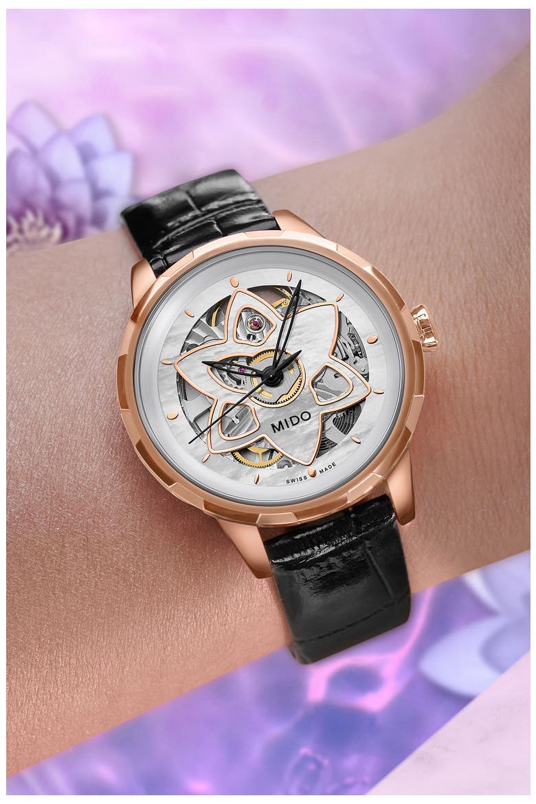 Rainflower Blossom Skeleton Automatic Leather Strap Watch, 34mm, Alternate, color, WHITE MOTHER OF PEARL