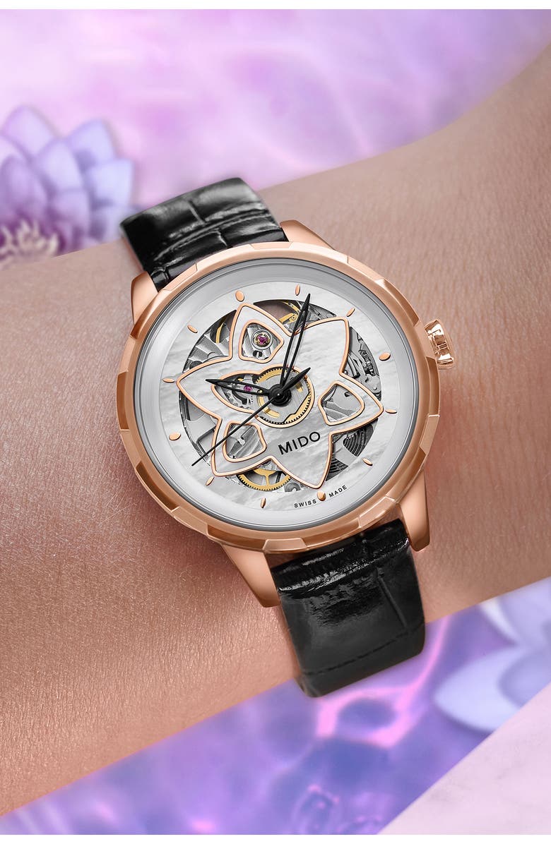 MIDO Rainflower Blossom Skeleton Automatic Leather Strap Watch, 34mm, Alternate, color, White Mother Of Pearl