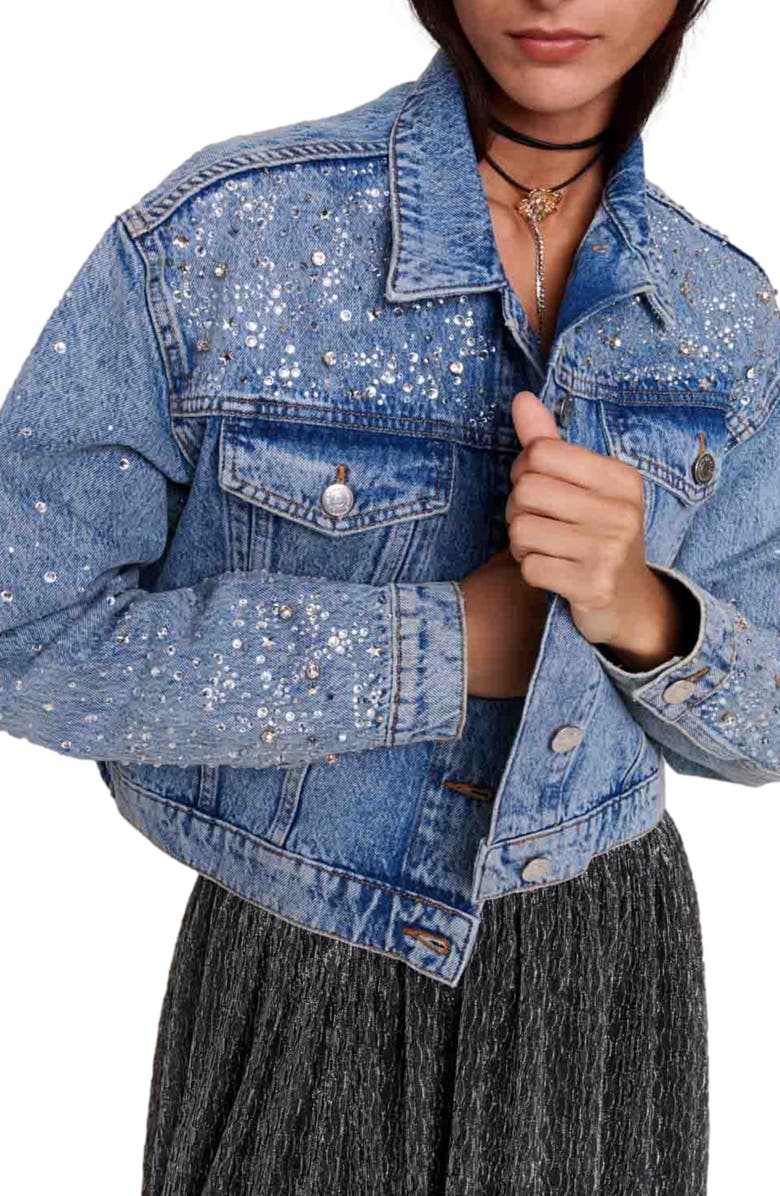 maje Rhinestone Studded Denim Trucker Jacket, Alternate, color, 