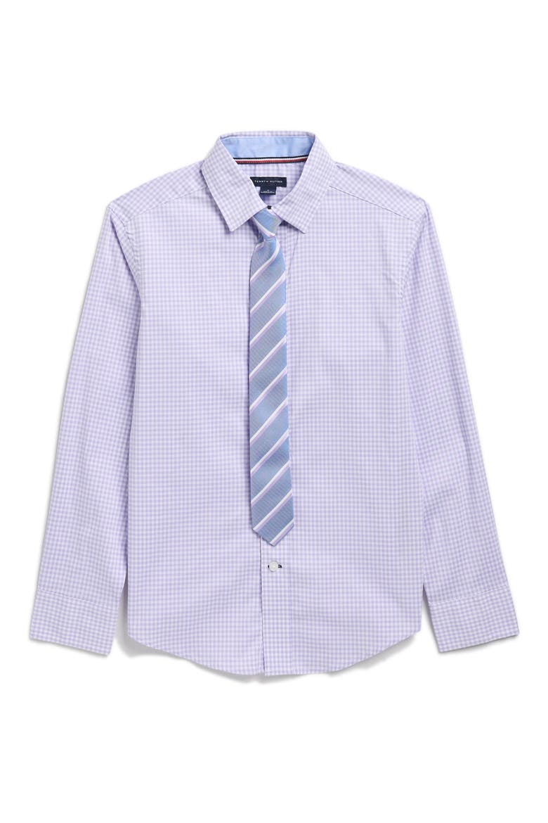 Kids' Mini Gingham Stretch Dress Shirt with Tie, Main, color, PURPLE