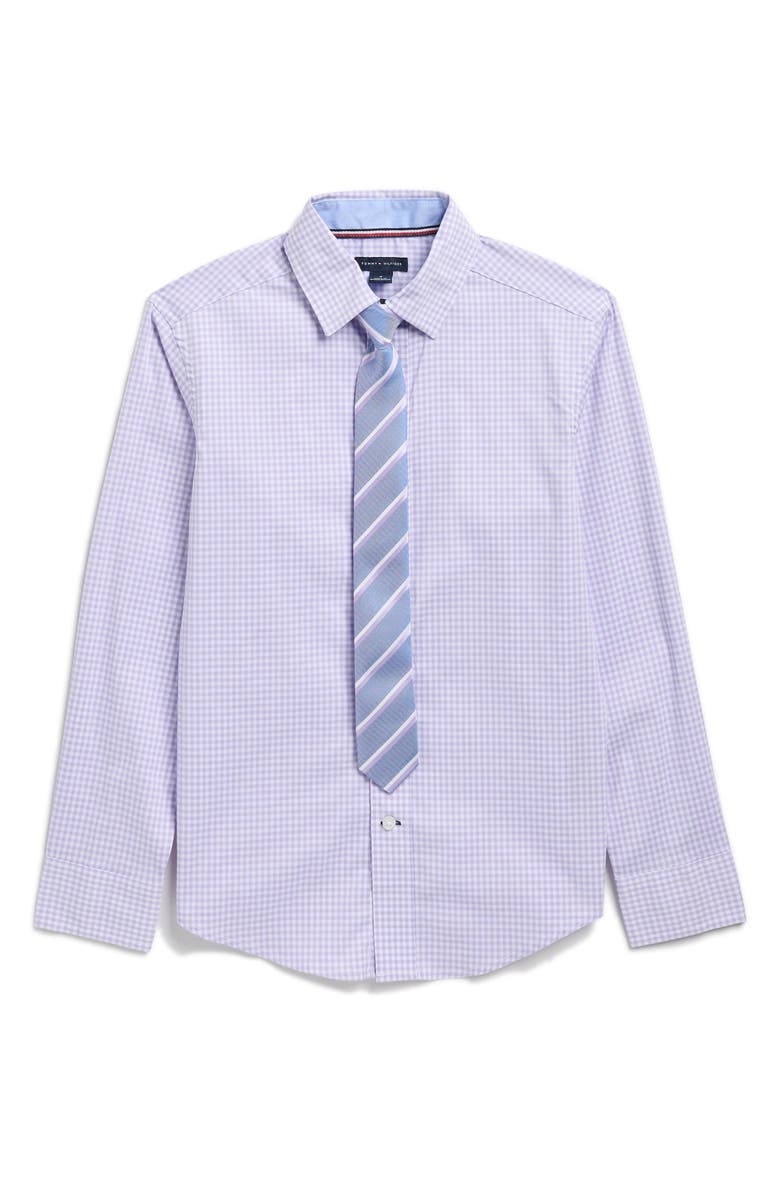 Tommy Hilfiger Kids' Mini Gingham Stretch Dress Shirt with Tie, Main, color, Purple