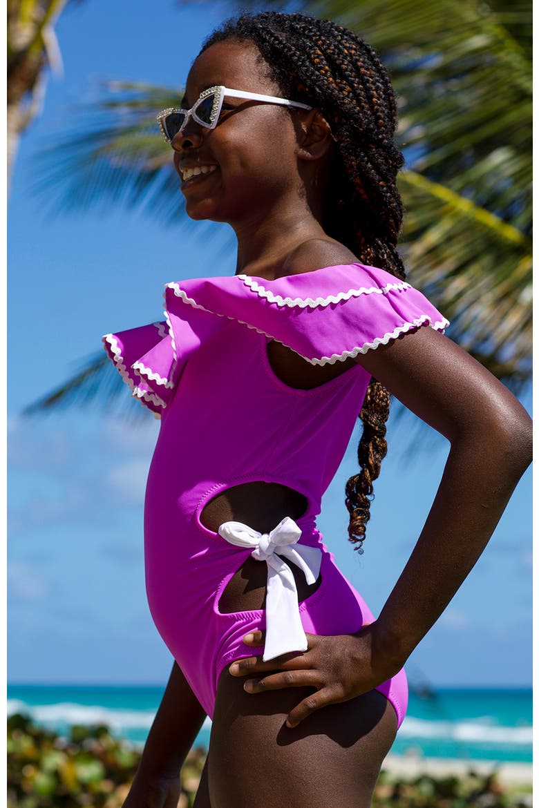 Off-Shoulder Side Cut-Out and Bows One-Piece Swimsuit, Alternate, color, Purple