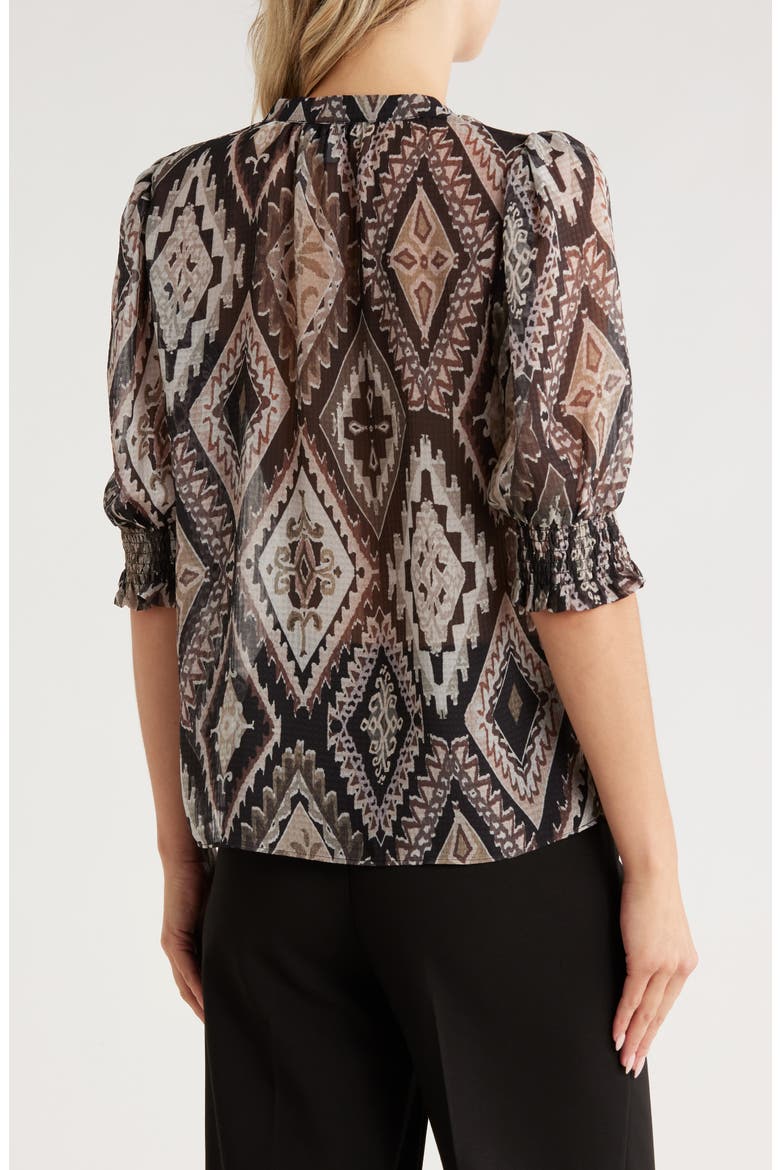 Tie Neck Puff Sleeve Printed Top, Alternate, color, BROWN DIAMOND