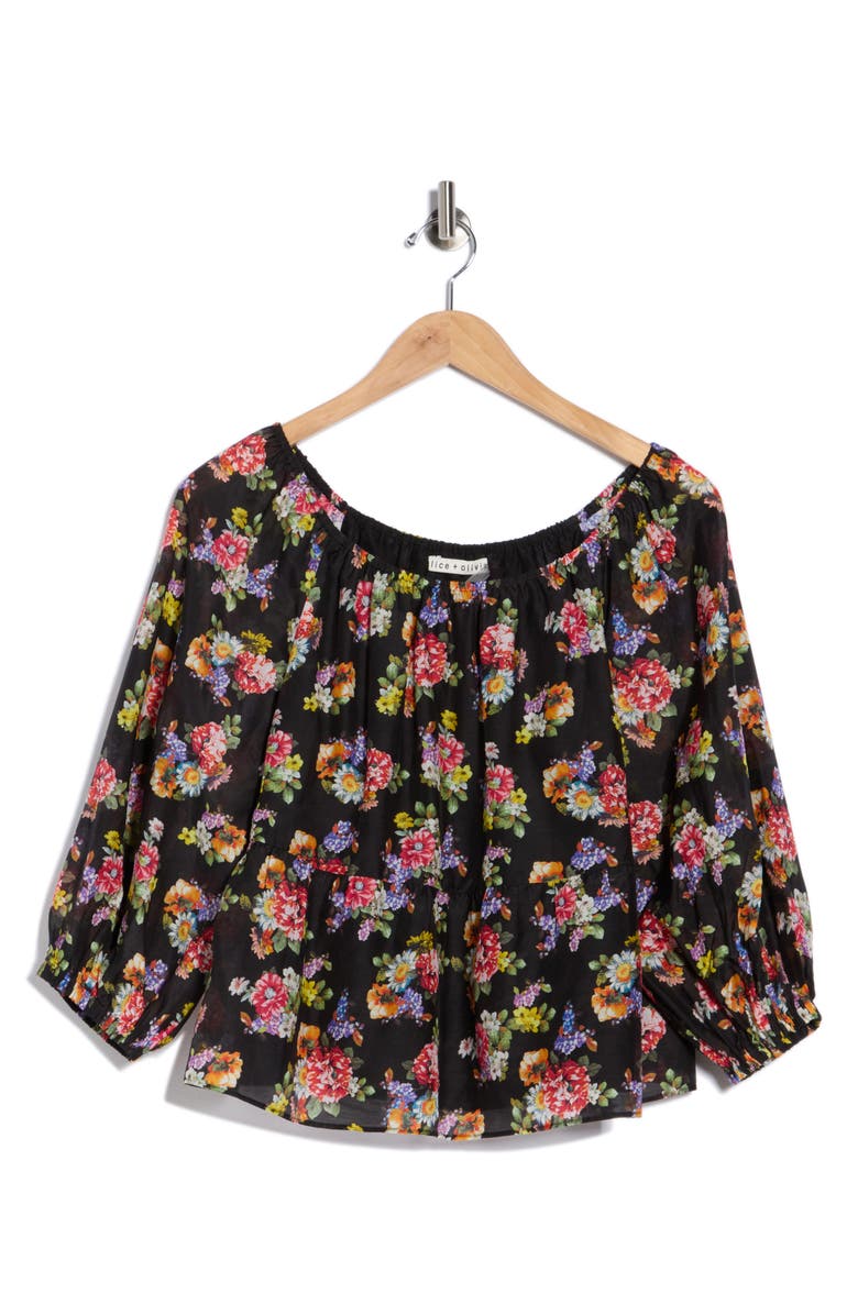 Alice + Olivia Floral Print Ruffle Peasant Top, Main, color, Magnolia Floral Black
