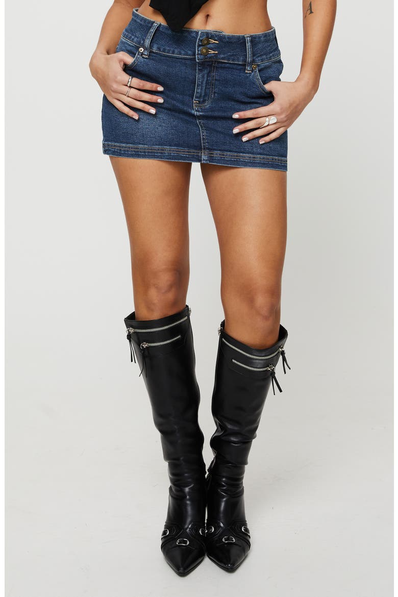 Faya Low Rise Denim Miniskirt, Main, color, DARK BLUE