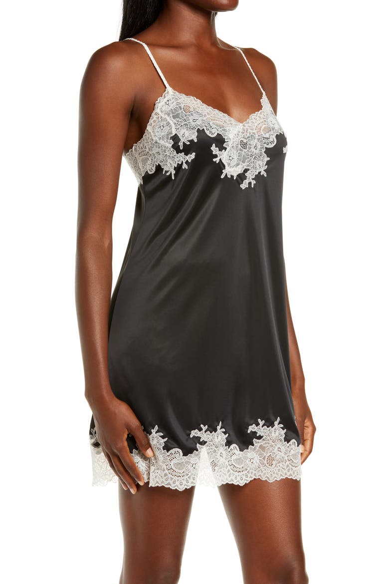 Enchant Lace Trim Satin Chemise, Alternate, color, BLACK W/ IVORYDNU