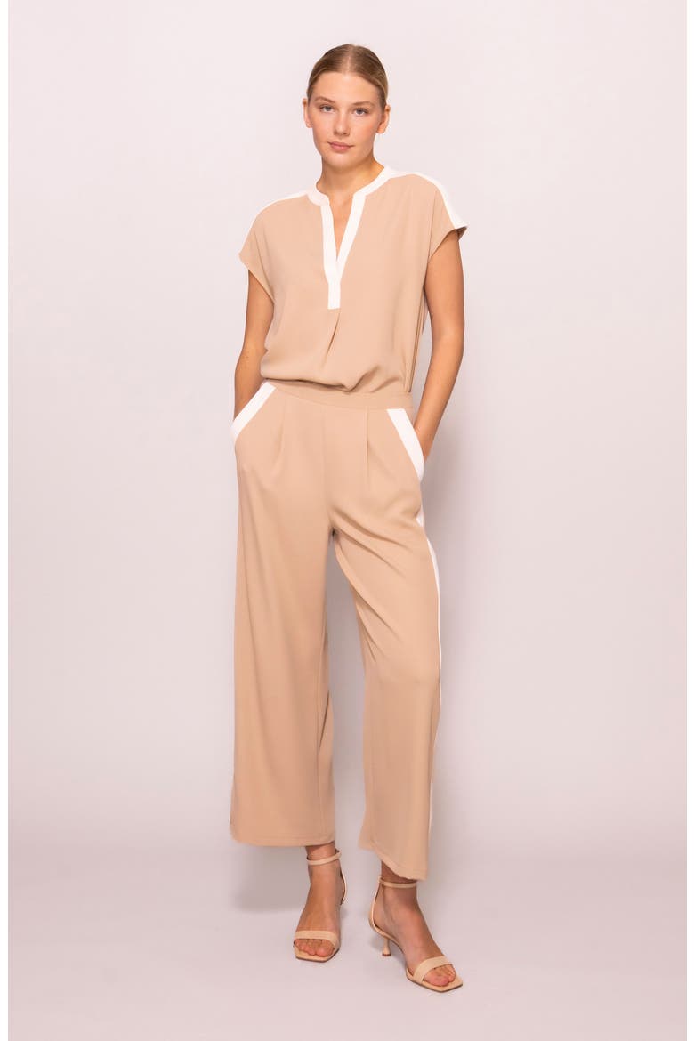 Split Neck Cap Sleeve Contrast Trim Top, Alternate, color, LIGHT KHAKI/ BONE