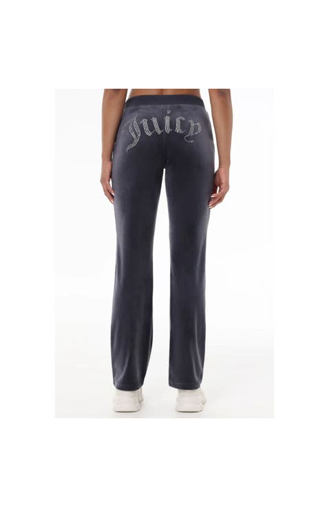 Rib Waist Long Velour Pant With Back Bling, Titanium