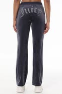 Juicy Couture Rib Waist Long Velour Pant With Back Bling, Titanium