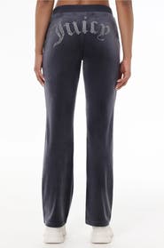 Juicy Couture Rib Waist Long Velour Pant With Back Bling, Titanium