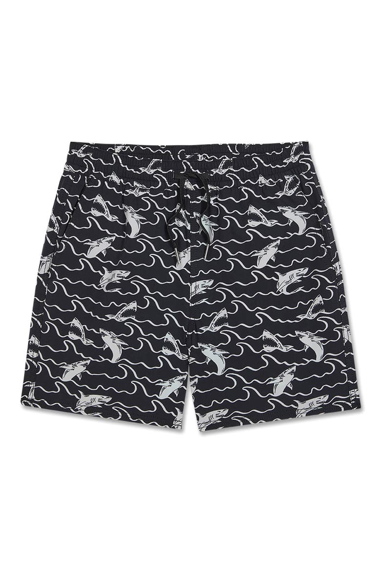 Kids' Bungalow Swim Trunks, Main, color, BLACK WAVE SHARKS