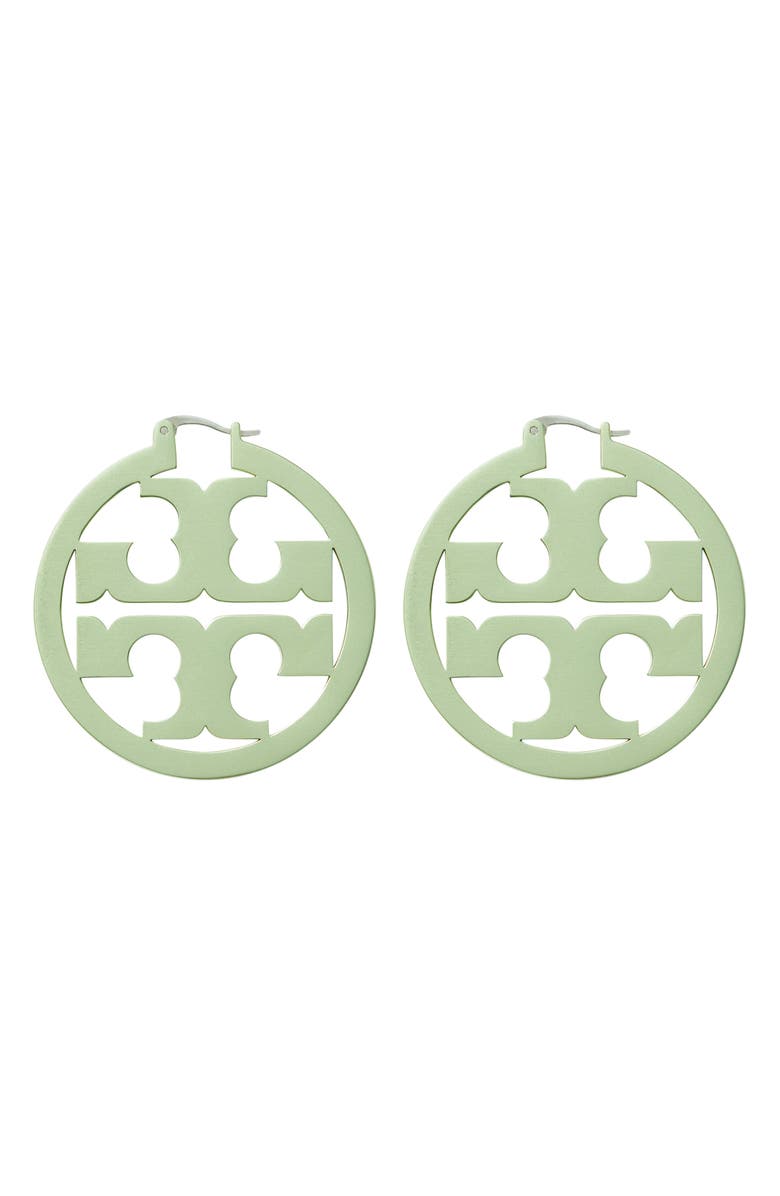 Tory Burch Miller Hoop Earrings, Alternate, color, Tory Silver / Mint Green