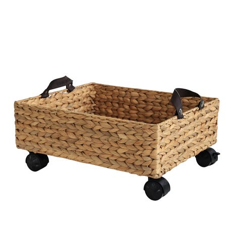 Adaline 18.11" Classic Farmhouse Handwoven Hyacinth Rectangular Underbed Storage Bin with Wheels and Handles