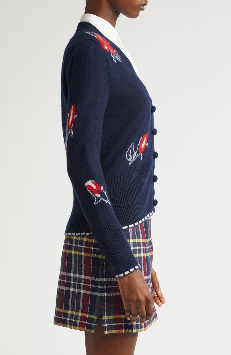 Thom Browne Rose Intarsia Brushed Virgin Wool V-Neck Cardigan, Alternate, color, 