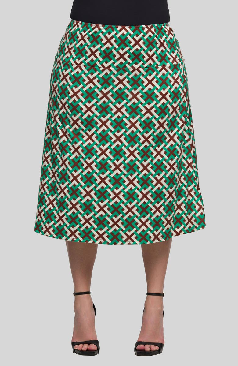 24seven Comfort Apparel Geo Print Elastic Waist Midi Skirt, Main, color, Green Multi
