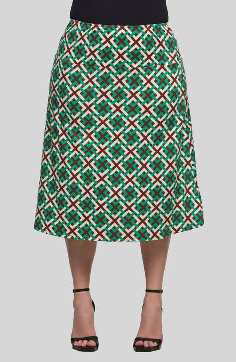 Geo Print Elastic Waist Midi Skirt (Plus)