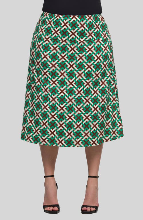 24seven Comfort Apparel Plus Size Print Comfortable Elastic Waist Knee Length Skirt In Green Multi