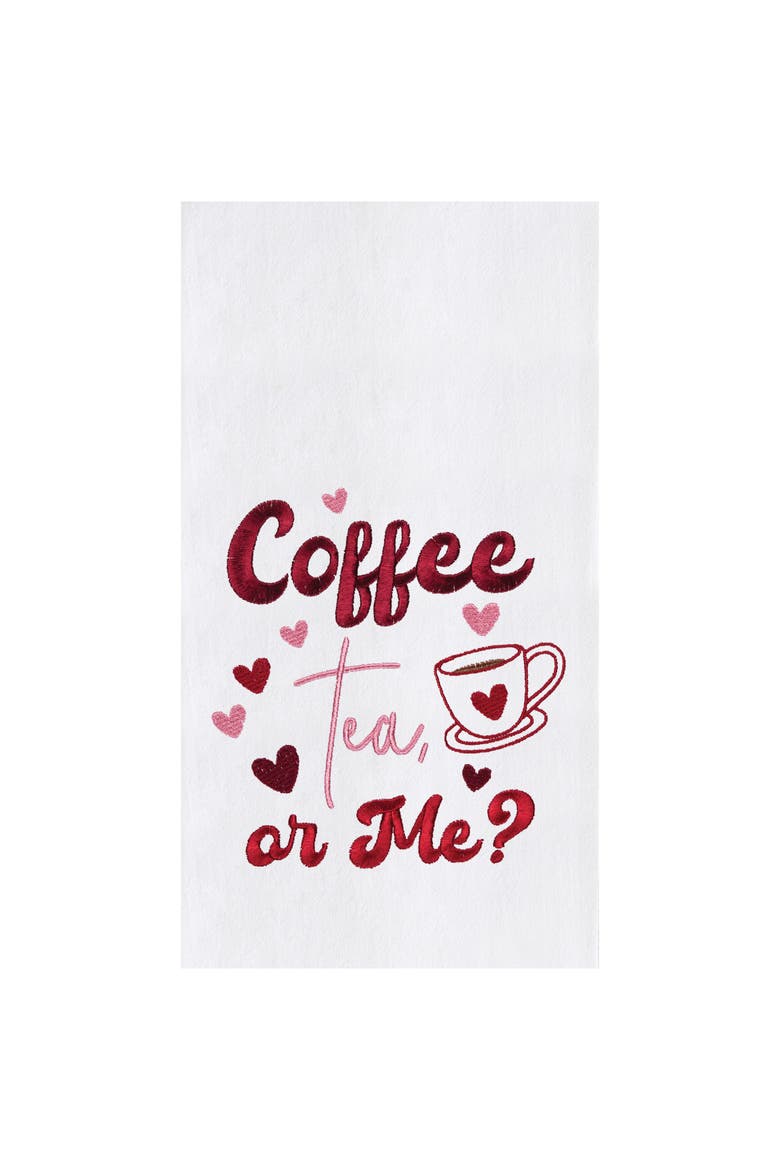 "Coffee Tea or Me" Embroidered 100% Cotton Flour Sack Valentine's Day Dishtowel, Main, color, Red