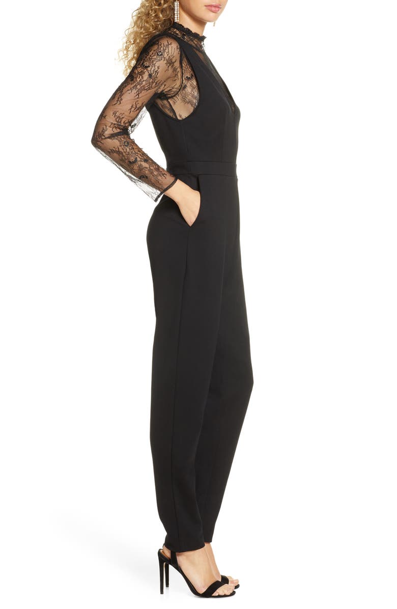French Connection Tabetha Lula Long Sleeve Lace & Jersey Jumpsuit, Alternate, color, 