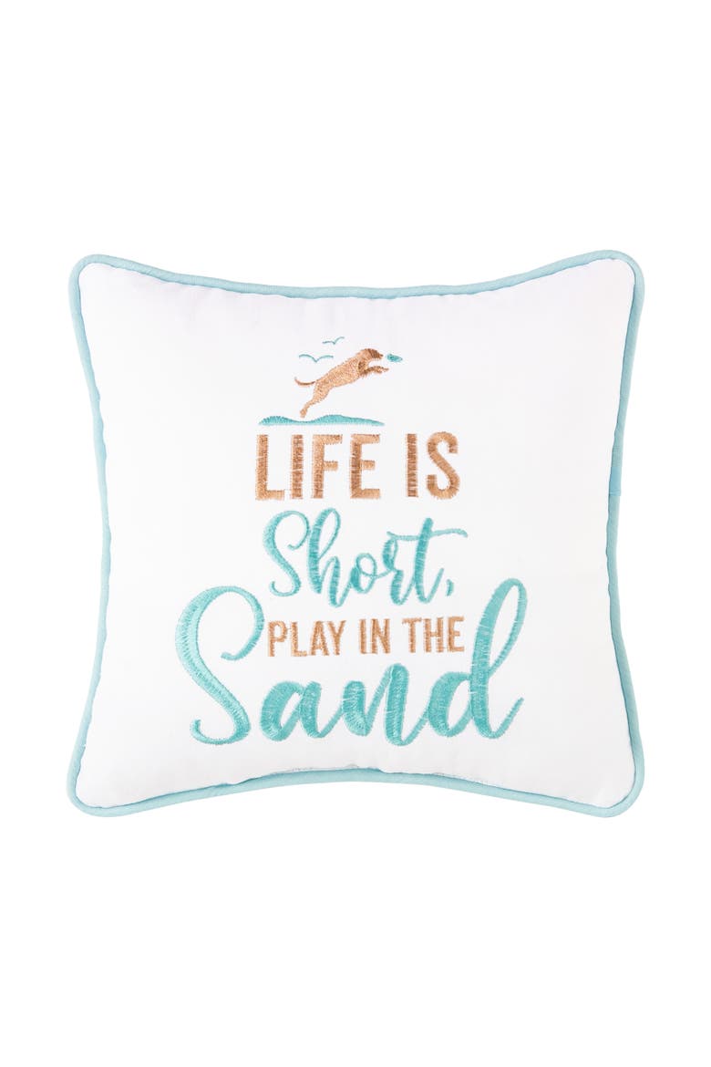 Play In The Sand Embroidered Small Petite Accent Throw Pillow, 10" x 10", Main, color, White