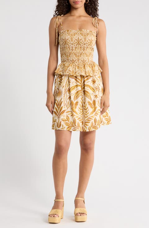 Calina Tropical Irvine Smocked Tie Strap Cotton Sundress