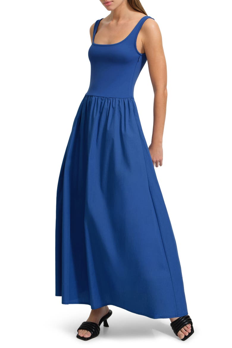 Clara Mixed Media Ponte & Cotton A-Line Dress, Alternate, color, COBALT
