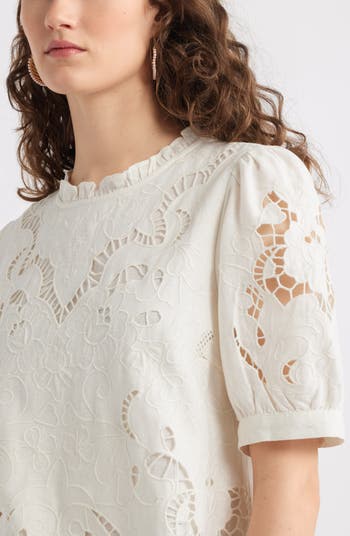 Embroidered Cutwork Puff Sleeve Linen Blend Top