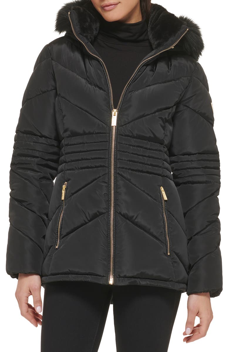 GUESS Faux Fur Trim Water Resistant Hooded Puffer Jacket, Alternate, color, 